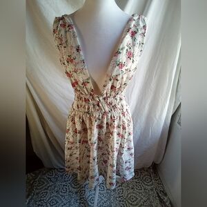 Floral Cream Deep V Sundress with Pink Roses
